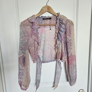 ZARA PAISLEY BLOUSE RUFFLE TOP PATCHWORK TIE FRONT CROP SHIRT BOHO SZ M